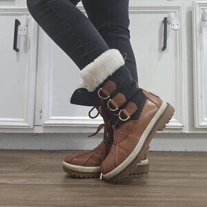 Tory Burch Woman Brown Leather Grey Flannel Sherpa Winter Snow Duck Boots Size 6